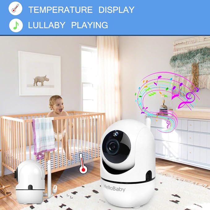 HelloBaby Video Baby Monitor with Remote Camera Pan-Tilt-Zoom, 3.2'' Color LCD Screen, Infrared Night Vision, Temperature Display, Lullaby, Two Way Audio-BubblyBeeBaby