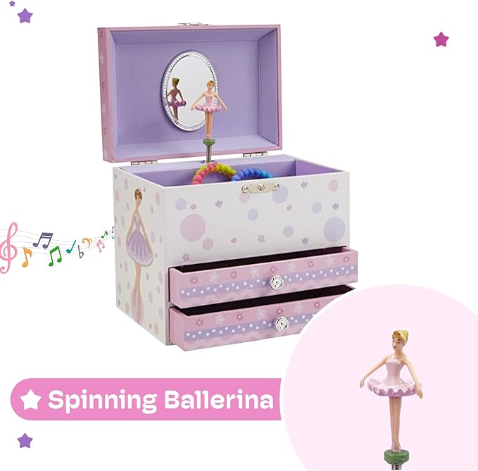 Jewelkeeper Jewelry Box for Girls with Ballerina and Music Box - Dual Drawers and Spacious Storage - Swan Lake Tune - White and Purple Jewelry Keepsake Chest - 6 x 6.75 x 5.25 Inches-BubblyBeeBaby