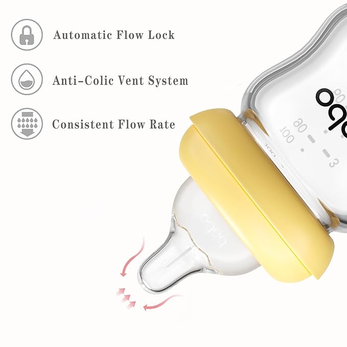 YOHKOH Natural Glass Baby Bottle with Natural Response Nipple, Newborn Anti-Colic Baby Bottles, Wide Neck Mushroom Cap Baby Bottle, Clear (Yellow-A, 3.4oz (Pack of 4))-BubblyBeeBaby