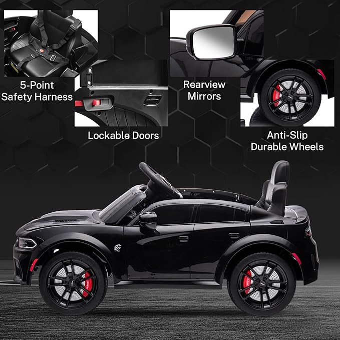 12V 7Ah Kids Electric Ride on Car, Licensed Dodge Charger SRT Hellcat, Battery Powered 4-Wheels Toy Car Electric Vehicle for Kids with Remote Control, 3 Speeds, LED Lights, Music (Black)-BubblyBeeBaby