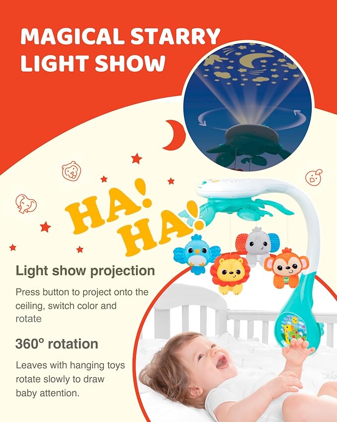 KiddoLab Baby Crib Mobile with Relaxing Music. Includes Ceiling Light Projector with Stars, Animals. Musical Crib Mobile with Timer. Nursery Toys for Babies Ages 0 and Older (New 2025 Model)-BubblyBeeBaby
