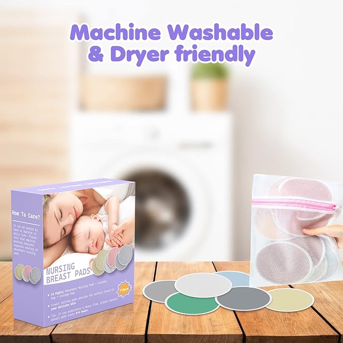 14 PCS Reusable Breast Pads for Breastfeeding – Washable Nursing Pads, Reusable Nursing Pads with Wash & Carry Bags, 4.7 Inch-BubblyBeeBaby