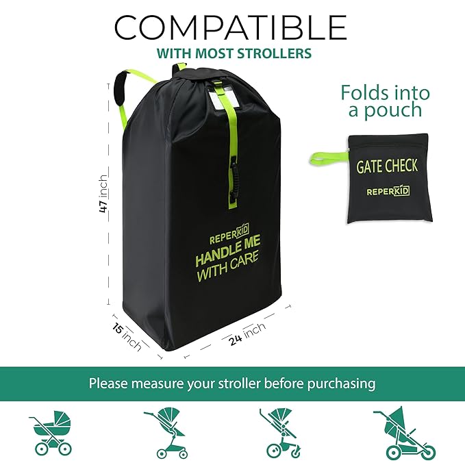 reperkid Large Stroller Bag for Airplane Travel, Black & Green, 47" H x 24" W x 15" D, Fits Most Large, Single, Double, Jogging Strollers – Premium Waterproof Cover, Adjustable Shoulder Straps-BubblyBeeBaby