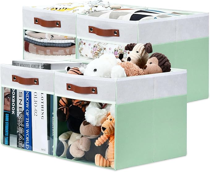 HNZIGE 13x15x13 Cube Storage Bins, 4 Pack Fabric Clear Organizer With Window, Large Collapsible Shelf Bins for Closet, Toy, Clothes - White Green-BubblyBeeBaby