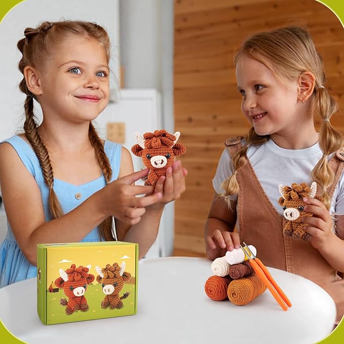 Highland Cow Crochet Kit for Beginners - 2PCS Animals Crochet Kit with Step-by-Step Video Tutorials, Highland Cows Crocheting Kit, Crochet Starter Kit for Kids and Adults, Stuffed Animal Knitting Kit-BubblyBeeBaby