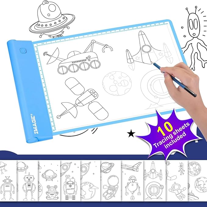 IMAGE Light Up Tracing Pad Blue Drawing Tablet Coloring Board for Kids Children Gift for Boys Girls (Includes 10 Traceable Sheets and Two Clips)-BubblyBeeBaby