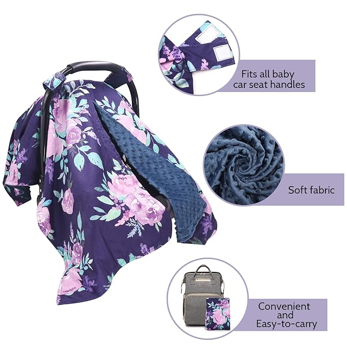 TANOFAR Car Seat Cover Baby, Carseat Covers Baby Boy Girl, Peekaboo Opening Infant Car Seat Cover for Winter, Warm & Cozy, Purple Floral-BubblyBeeBaby