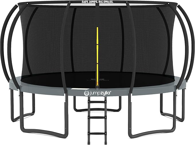 JUMPZYLLA Trampoline Outdoor 8FT 10FT 12FT 14FT 15FT 16FT with Enclosure and Ladder, ASTM Approved Recreational Trampoline for Kids and Adults, Anti-Rust Coated Frame-BubblyBeeBaby
