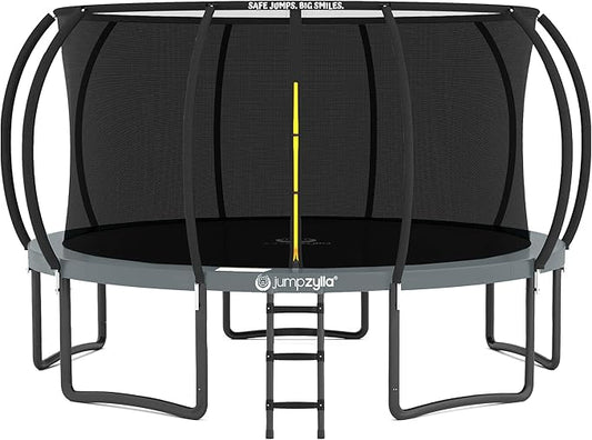 JUMPZYLLA Trampoline Outdoor 8FT 10FT 12FT 14FT 15FT 16FT with Enclosure and Ladder, ASTM Approved Recreational Trampoline for Kids and Adults, Anti-Rust Coated Frame-BubblyBeeBaby