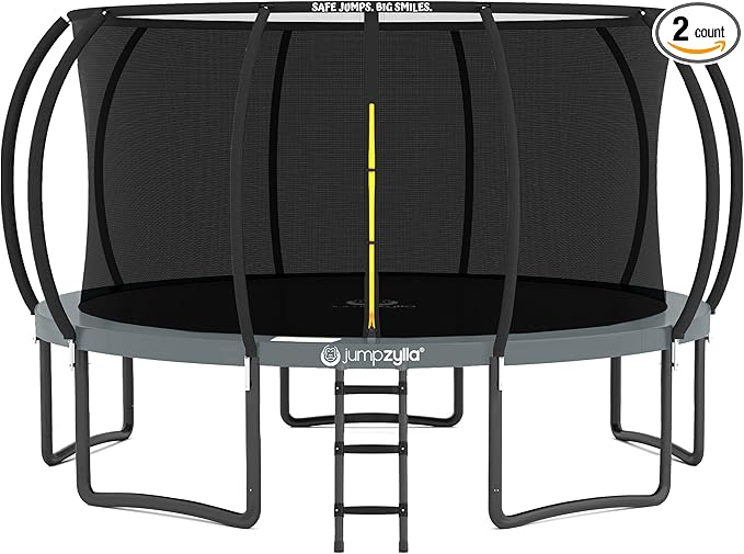 JUMPZYLLA Trampoline Outdoor 8FT 10FT 12FT 14FT 15FT 16FT with Enclosure and Ladder, ASTM Approved Recreational Trampoline for Kids and Adults, Anti-Rust Coated Frame-BubblyBeeBaby