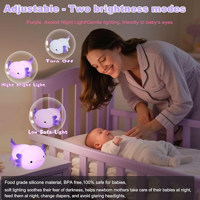 HAPPYBAG Axolotl Night Light,Cute Axolotl lamp Gifts for Kids,Dimmable Silicone Animal Nursery Night Light,Kawaii Rechargeable Bedside Touch Lamp,Baby Room Decor Axolotl Light-BubblyBeeBaby