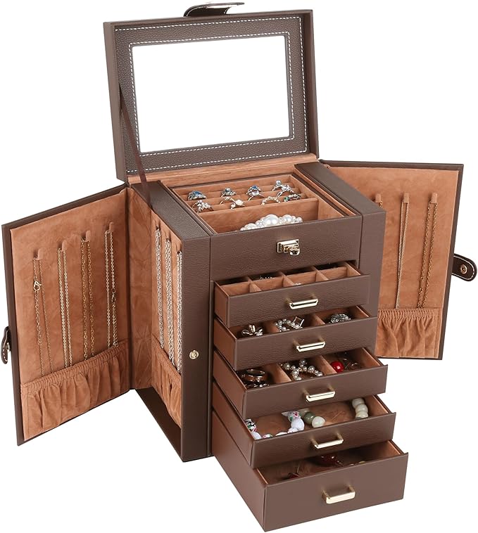 Kendal Jewelry Box, 6-Layer Jewelry Storage Organizer for Necklace Bracelet Rings Watch, 10.2"x8.2"x6" Classic Brown PU Leather 5 Drawers Large Storage Capacity with Mirror-BubblyBeeBaby