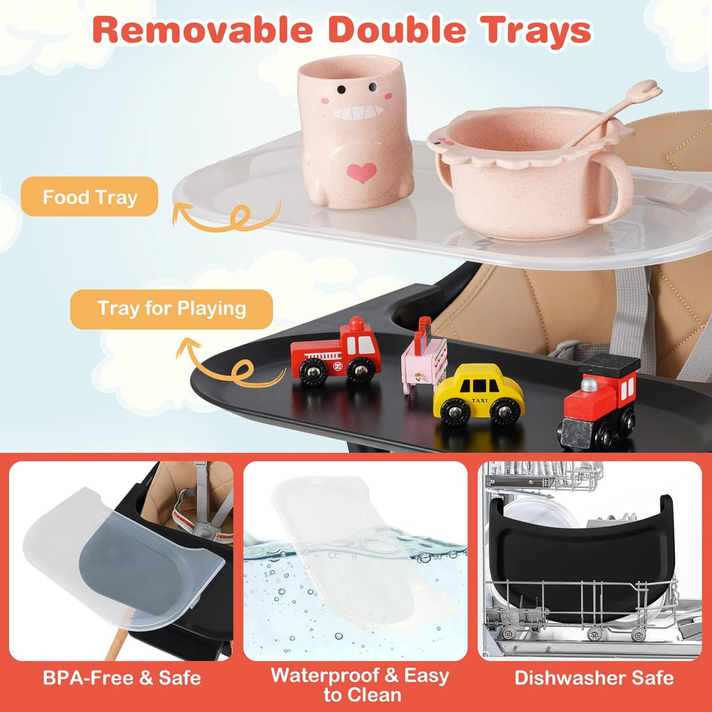 HONEY JOY Baby High Chair, 6 in 1 Convertible Wooden Highchair for Babies and Toddlers/Chair/Bar Stool, Removable Double Tray & Reversible Footrest, Safety Harness for Infant Boys Girls (Coffee)