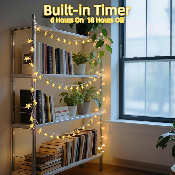 120 LED 40FT Star String Lights, 8 Modes Plug in Star Lights with Timer & Memory, Indoor Outdoor Christmas Twinkle Light for Birthday Party Bedroom Wedding Home Classrom Decor Warm White-BubblyBeeBaby