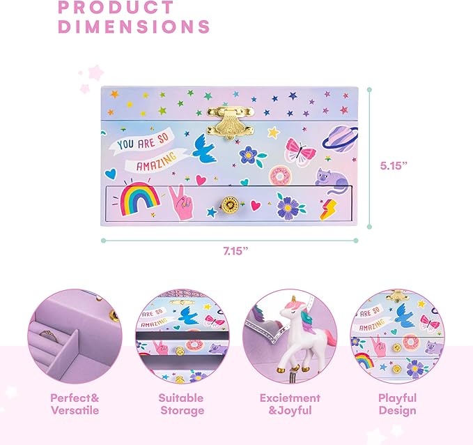 Jewelkeeper Musical Jewelry Box with Alphabet Sticker - Personalize with Names - with 1 Pullout Drawer and Spinning Unicorn Doll - Beautiful Dreamer Tune - Ideal for Kids 5 and Up - 5.37"Lx7.25"Wx4"H-BubblyBeeBaby