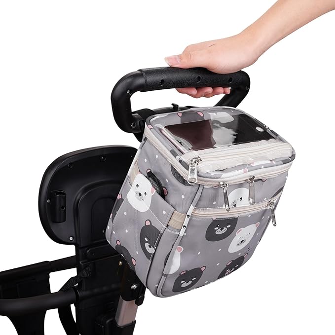 Baby Stroller Organizer Bag，Small Diaper Bag - Universal Stroller Organizer With Insulated Cup Holder,Pocket With Baby Wipes Dispenser，Adjustable Shoulder Strap (Light Gray)-BubblyBeeBaby