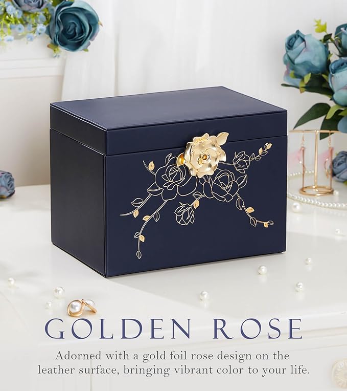 Jewelry Box with Lock for Girls: Jewelry Organizer for Dresser - 3-Drawer Earrings Storage Girls Women Gift (Dark Blue-BubblyBeeBaby