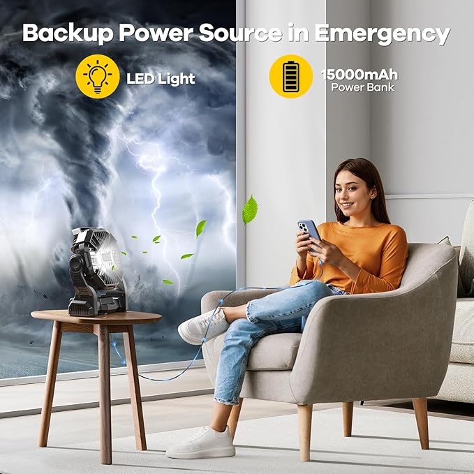 15000mAh Portable Battery Powered Camping Fan - with LED Light, Quiet Battery Operated, Camping Gear for Travel, Tent, Beach, Car or Hurricane Power Outages，Black-BubblyBeeBaby