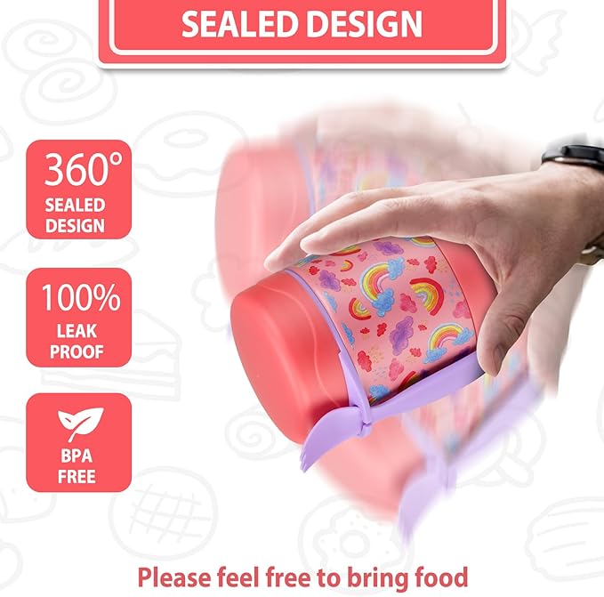 10oz Soup Thermo for Hot Food Kids,Lunch Thermo Kids Food Jar with Spoon Hot Insulated Food Containers,Leak Proof Stainless Steel Wide Mouth Lunch Food Thermo Jar for School(Pink-Rainbow)-BubblyBeeBaby