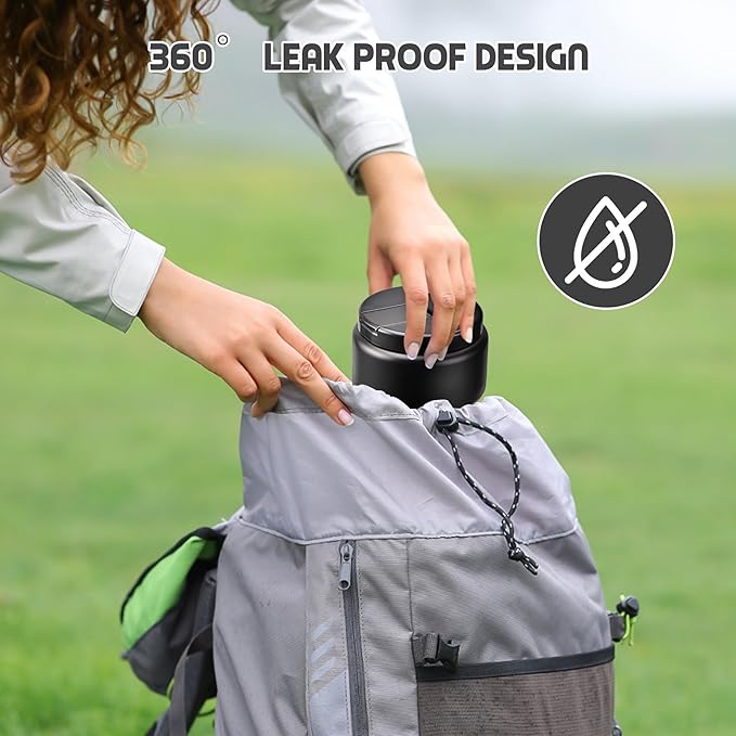 13.5oz Soup Thermo for Hot Food Kids with Buckle Lid Insulated Vacuum Food Jar Wide Mouth Leakproof Stainless Steel Lunch Container (Black)-BubblyBeeBaby