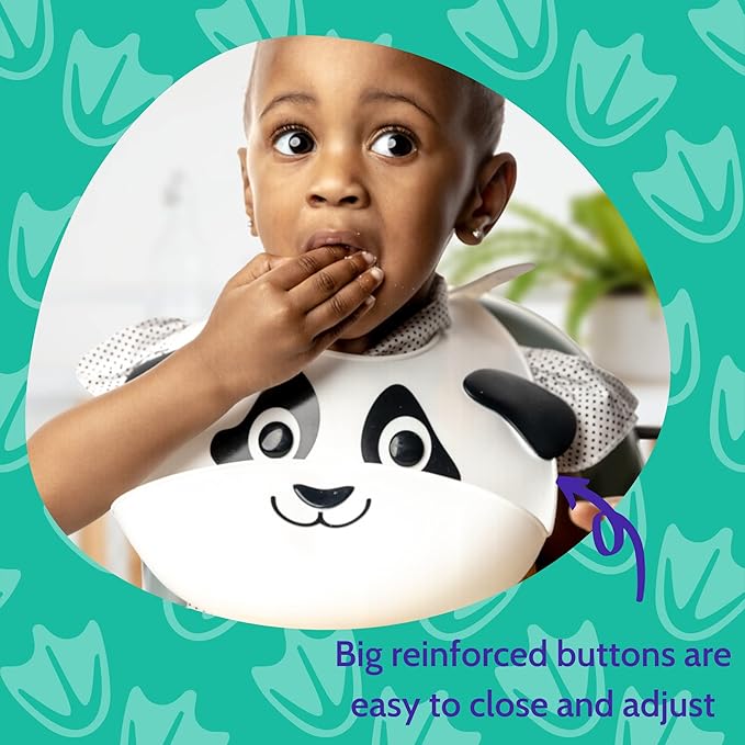 Silly Goose Silicone Animal Baby Bibs for Babies and Toddlers, Waterproof, Adjustable, Soft, Extra Wide Food Catcher Pocket (Baby Panda)-BubblyBeeBaby