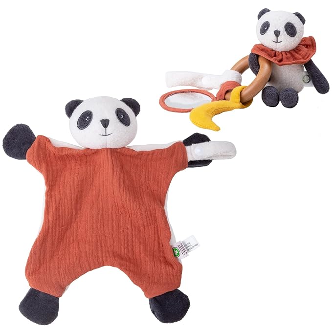 Organic Cotton Stuffed Animal Rattle Baby Toys, Organic Panda Cuddle Cloth & Organic Panda Activity Ring Plush Toy Set for Newborns Infant Boys Girls, 2 PCS-BubblyBeeBaby