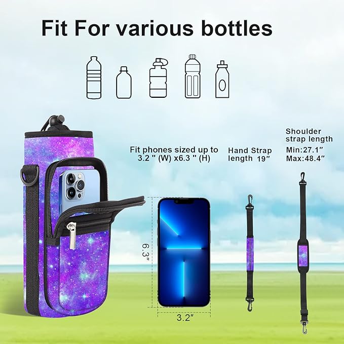 25/32/40/64oz Water Bottle Bag Holder Carrier-Insulated Crossbody Sling Case Sleeve with Strap & Pockets for Men Women Gym Cycling Travel Walking Hiking Camping-BubblyBeeBaby