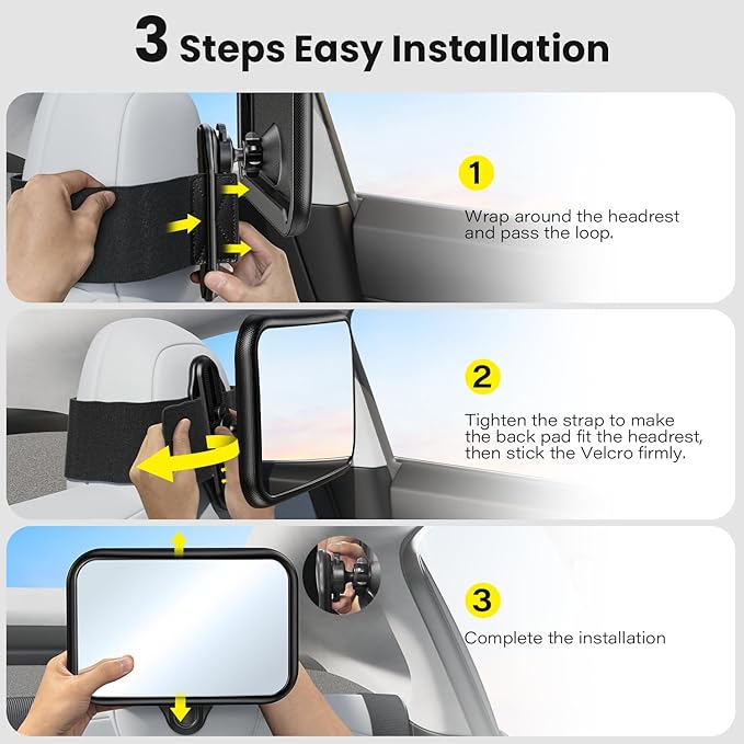 Fixed Headrest Car Mirror for Baby Rear Facing Fit Tesla Shatterproof Baby Mirror for Car Back Seat 360° Wide Clear View Never Shake Crash Tested Stable Velcro Strap Newborn Baby Essentials-BubblyBeeBaby