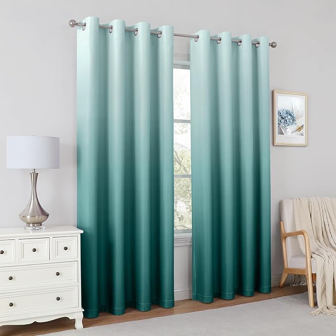 HOMEIDEAS Teal Ombre Blackout Curtains 52 X 96 Inch Length Gradient Room Darkening Thermal Insulated Energy Saving Grommet 2 Panels Window Drapes for Living Room, Bedroom-BubblyBeeBaby