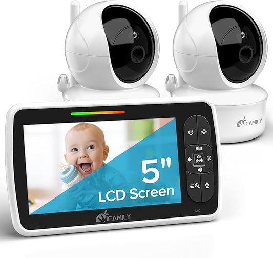 iFamily Baby Monitor with 2 Cameras | Remote Pan-Tilt-Zoom Video Baby Monitor with Camera and Audio, 5” Large Display, Night Vision, Temperature Display, Lullaby, 2 Way Audio & 960ft Range-BubblyBeeBaby