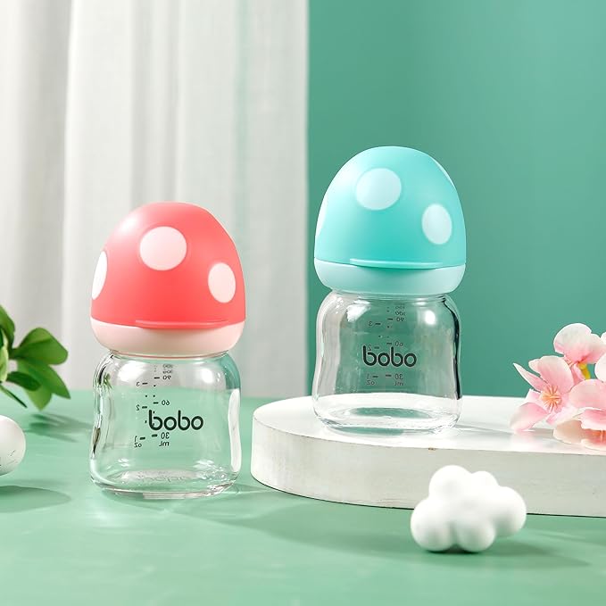 YOHKOH Natural Glass Baby Bottle with Natural Response Nipple, Newborn Anti-Colic Baby Bottles, Wide Neck Mushroom Cap Baby Bottle, Clear (3.4oz (Pack of 2), Multicolour)-BubblyBeeBaby