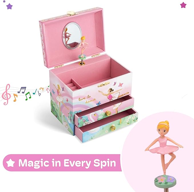 Jewelkeeper Jewelry Box for Girls - Spinning Ballerina Doll to Swan Lake Tune Music Box - Pink Jewelry Boxes for Girls with 2 Drawers - Ideal for Storing Necklaces and Bracelets - 7Lx5Hx6W Inches-BubblyBeeBaby