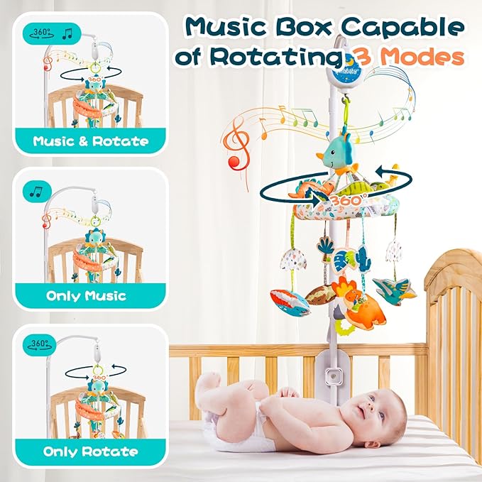 Jollybaby Nursery Baby Automatic Rotating Dinosaur Crib Mobile with Music Box & Arm, Montessori Sensory Musical Hanging Toy for Bassinet, Newborn Clip on Crib Mobile Soother Toy Gift, Polyester-BubblyBeeBaby