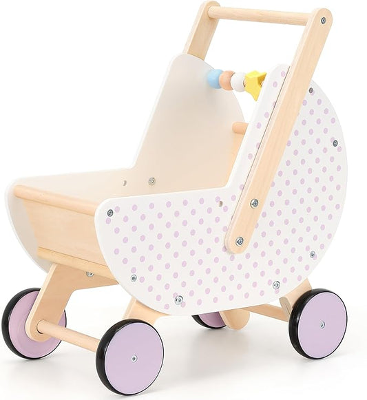 Wooden Baby Walker & Doll Stroller – Adjustable Handle Push Cart, Anti‑Tip, Quiet Wheels, Pretend Shopping Cart – Montessori Wooden Walker for Babies, Doll Stroller for Toddlers 12m+-BubblyBeeBaby