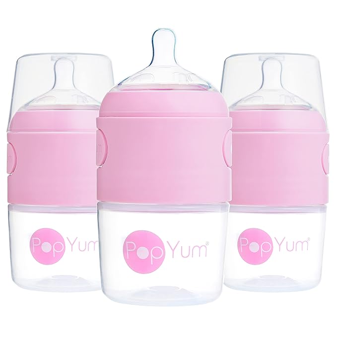 PopYum 5 oz Pink Anti-Colic Formula Making/Mixing/Dispenser Baby Bottles, 3-Pack with #1 Slow Flow Nipples, 150 ml, BPA-Free, Natural Latch-BubblyBeeBaby