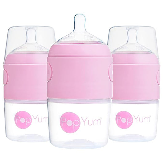 PopYum 5 oz Pink Anti-Colic Formula Making/Mixing/Dispenser Baby Bottles, 3-Pack with #1 Slow Flow Nipples, 150 ml, BPA-Free, Natural Latch-BubblyBeeBaby