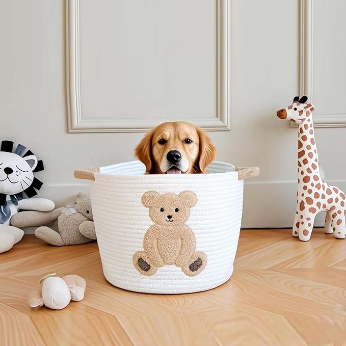 INough Cotton Rope Basket Toy Storage Baskets for kids Laundry Hamper, Gift Basket Empty Baby Shower Baskets with Handles, Cute Bins Blanket Stuffed Animal Storage for Nursery, Living Room Decor, Bear-BubblyBeeBaby