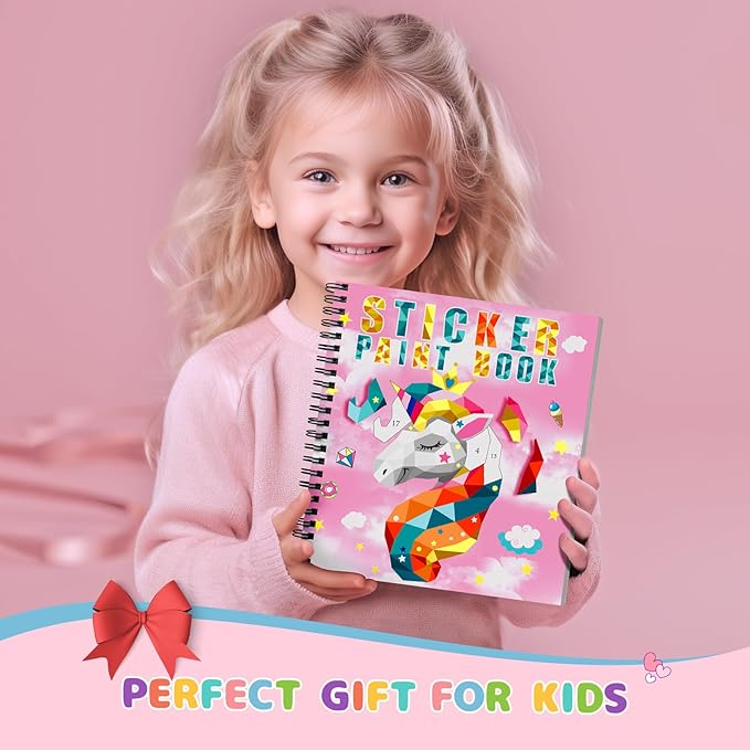 homicozy 4PCS Sticker Paint Books for Kids Ages 4-10,Unicorn Mermaid Animals Designs Paint by Stickers,Sticker by Numbers,Party Birthday Gifts for Girls 4-10,Create 40 Pictures One Stickers at A Time-BubblyBeeBaby
