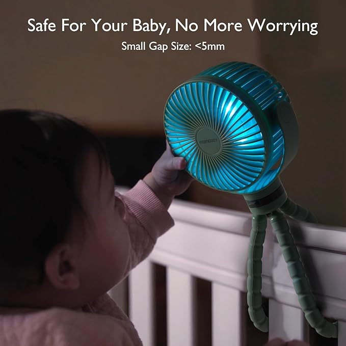 Momcozy Portable Stroller Fan, 8000mAh, 27H Ultra-long Battery Life, Detachable 4 Speed 360°Rotate, LED Night Light with 2 Modes, USB Rechargeable Handheld Cooling Fan for Travel, Car Seat, Bedroom-BubblyBeeBaby