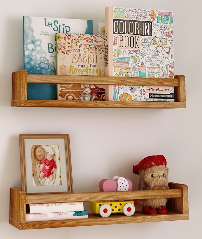 Heimlove Nursery Floating Shelves, Nursery Book Shelves for Wall, 16 inch Wall Bookshelf for Kids Solid Wood Wall Mounted Shelves for Books,Toys and Decor Storage, Set of 2-BubblyBeeBaby