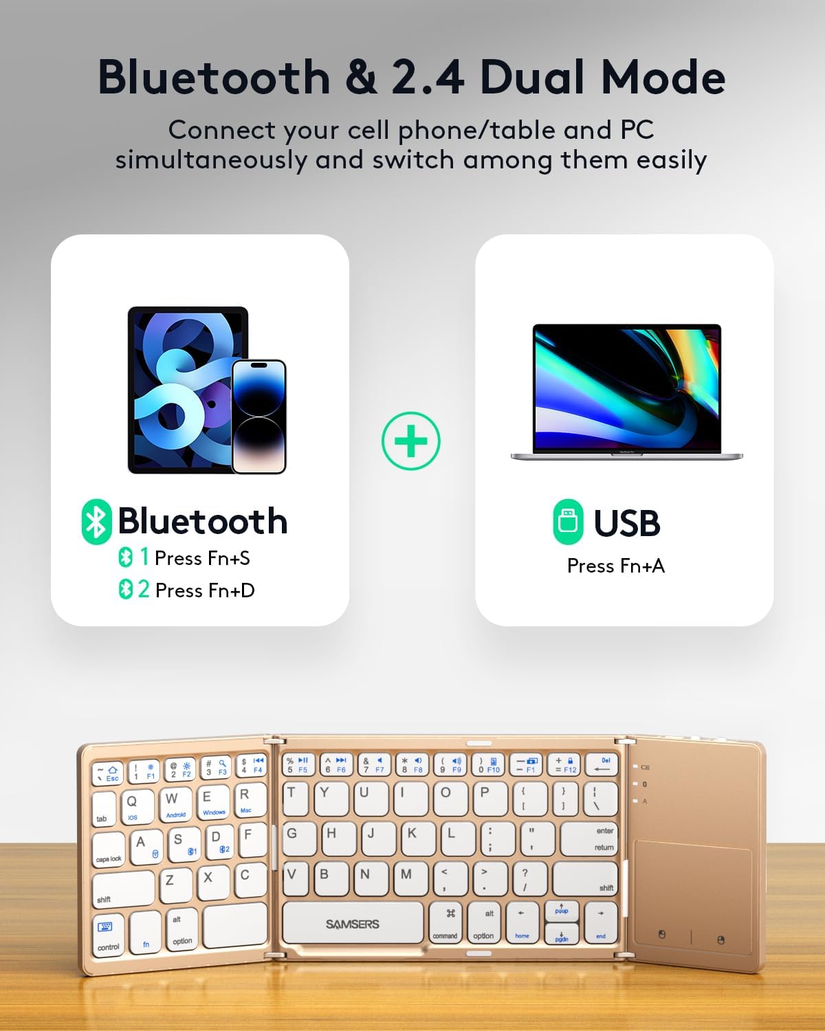 Samsers Multi-Device Foldable Bluetooth Keyboard with Touchpad, Rechargeable Dual-Mode(2.4G+BTx2) Wireless Keyboard with Holder, Portable Folding Keyboards for Android Windows iOS Mac OS - Gold