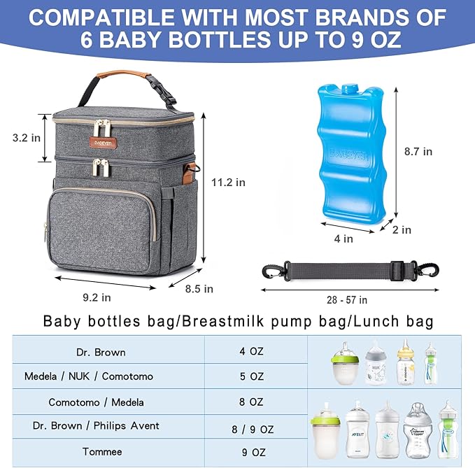Insulated Breastmilk Cooler Bag with Ice Pack - Holds 6x9oz Bottles, Leakproof Double Layer, Baby Bottle Cooler Bag with Adjustable Strap for Nursing Moms, Daycare & Travel-BubblyBeeBaby