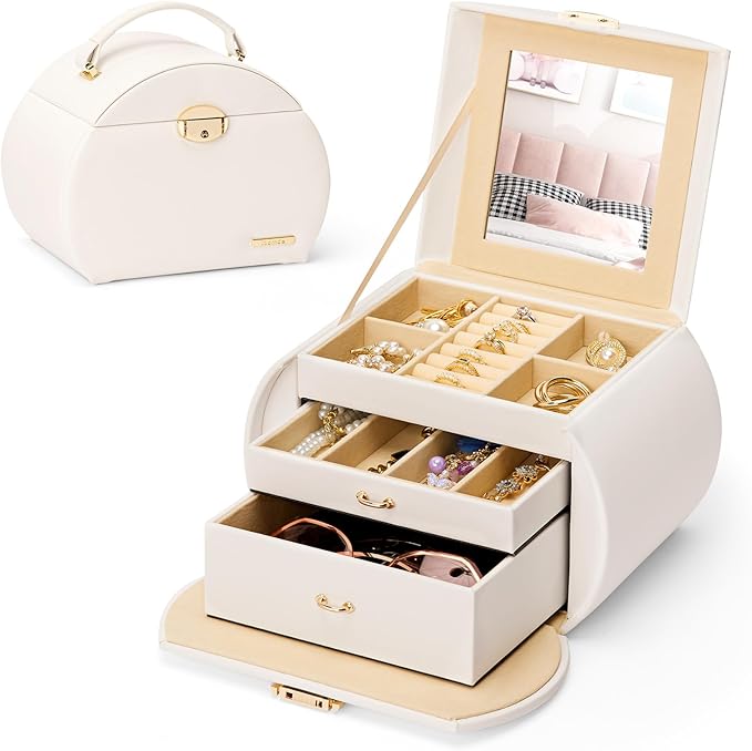 Homde Girls Jewelry Box Jewelry Storage Case Organizer with Mirror for Rings, Earrings, Bracelets, Necklaces (White + Gold)-BubblyBeeBaby