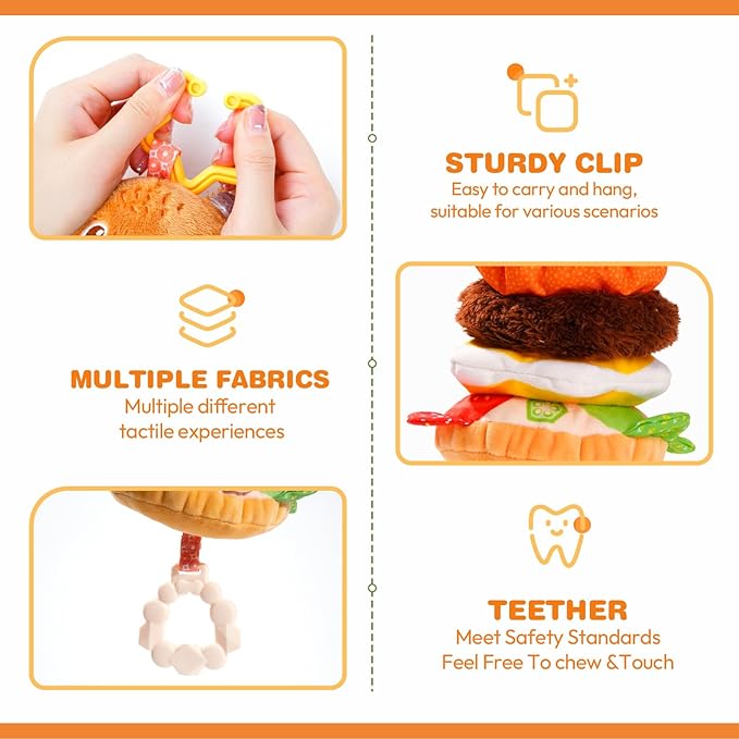 Jollybaby Baby Musical Pull String Hanging Toys for Stroller Car Seat Crib Play Gym, Plush Stuffed Hamburg Bear Toy for Carseat with Music Teether Crinkle, Sensory Toy for 0-6-12-18 Months Baby Gifts-BubblyBeeBaby