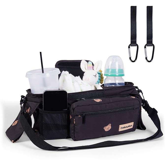Universal Stroller Organizer with Cup Holders, Detachable Wristlet | Fits All Strollers | Stroller Diaper Bag Organizer with Phone Pocket, Insulated Bottle Holder & Storage Compartments-BubblyBeeBaby