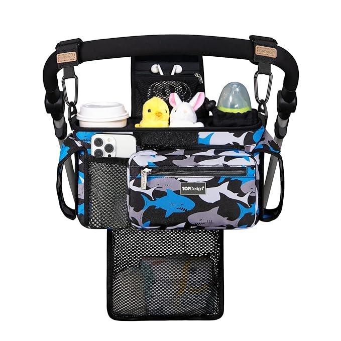 TOPDesign Universal Baby Stroller Organizer, Stroller Caddy with Detachable Mesh Bag & Heightened Insulated Cup Holders & Non-Slip Secure Hooks Accessories, Fits Most Strollers (Sharks)-BubblyBeeBaby