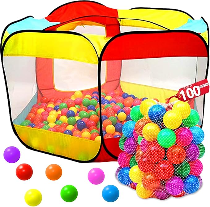 Kids Ball Pit Pop Up Large Tent for Toddlers - Indoor & Outdoor Gift Toys for Infants Girls & Boys, Baby Playpen with Zippered Storage Bag, 100 BallPit Balls Included-BubblyBeeBaby