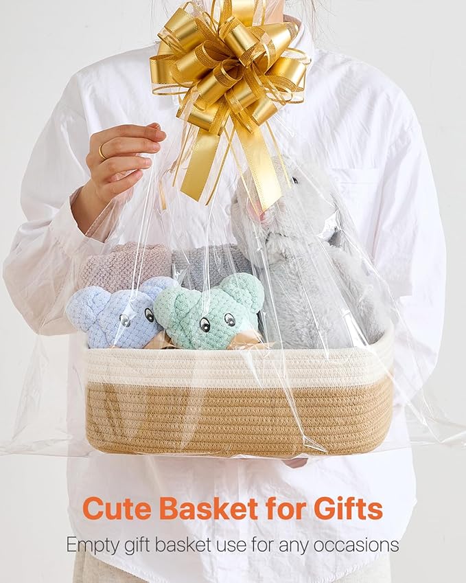 KALLAX Small Woven Basket, 12 x 8 x 4.5 Inches, Storage Basket for Organizing, Cute Small Rope Shelf Closet Cube Storage Bins Baskets for Shelves, Dog Toy Gift Baskets Empty, 3 Pack White & Brown-BubblyBeeBaby