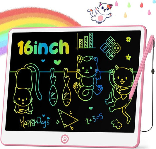 Hockvill LCD Writing Tablet for Kids 16 Inch, Toys for Girls Boys Drawing Pad for 3 4 5 6 7 Year Old Kids Toys, Easter Basket Stuffer for Kids, Toddler Doodle Board Travel Essentials - Pink-BubblyBeeBaby