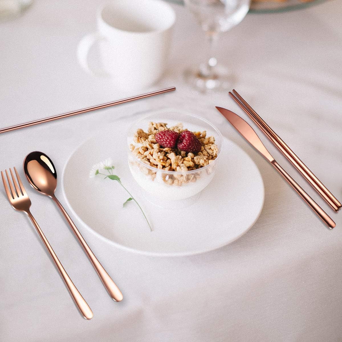 AARAINBOW 6 Pieces 18/8 Stainless Steel Flatware Set Portable Reusable Cutlery Set Travel Utensils Set Including Chopsticks Knife Fork Spoon Straws Cleaning Brush Dishwasher Safe (Rose Gold)